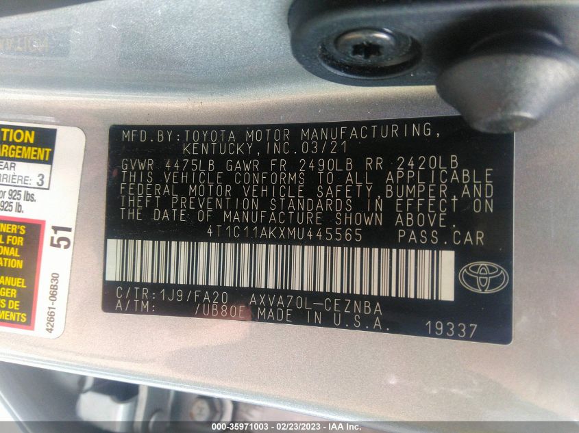 2021 TOYOTA CAMRY LE - 4T1C11AKXMU445565