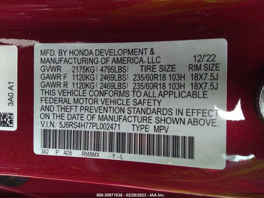 VIN 5J6RS4H77PL002471 2023 HONDA CR-V EX-L