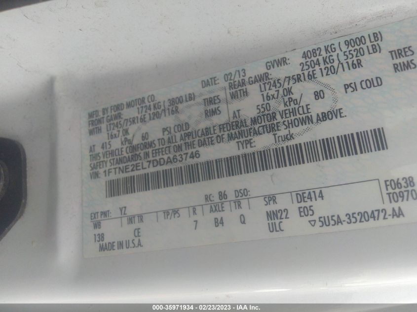 2013 FORD ECONOLINE CARGO VAN COMMERCIAL/RECREATIONAL 1FTNE2EL7DDA63746