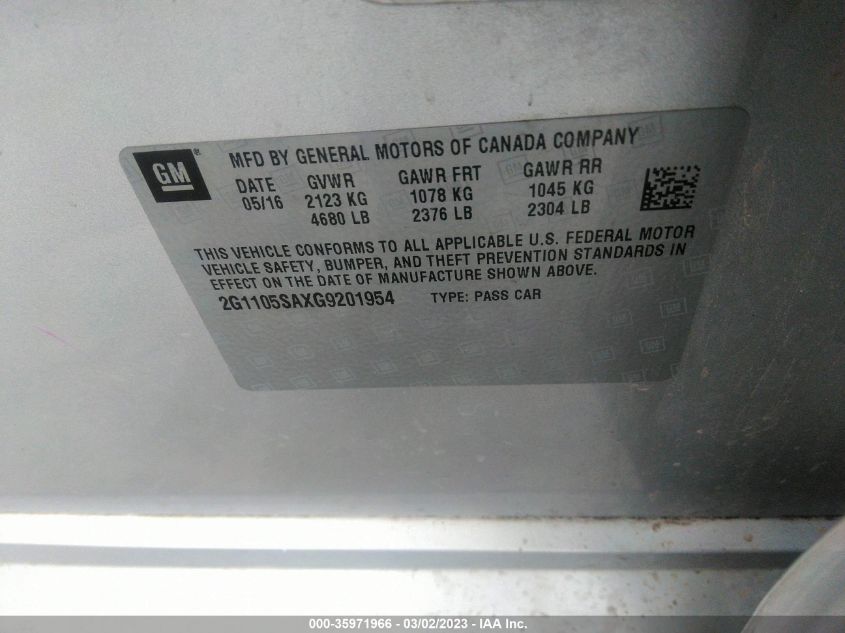 2016 CHEVROLET IMPALA LT - 2G1105SAXG9201954