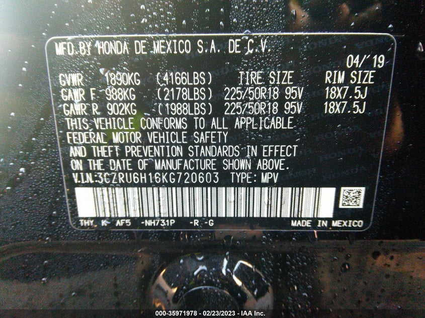 VIN 3CZRU6H16KG720603 2019 HONDA HR-V SPORT