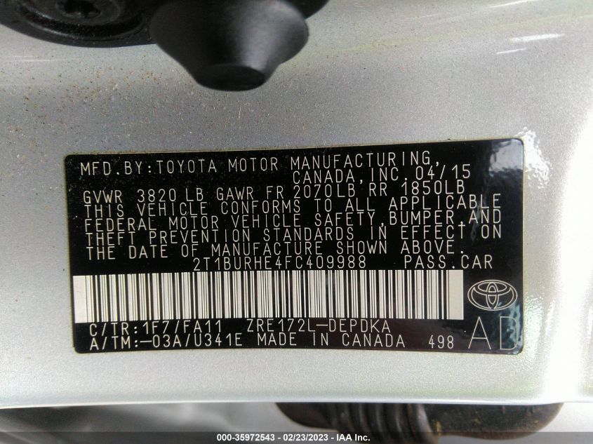 2015 TOYOTA COROLLA L/LE/S/S PLUS/LE PLUS - 2T1BURHE4FC409988