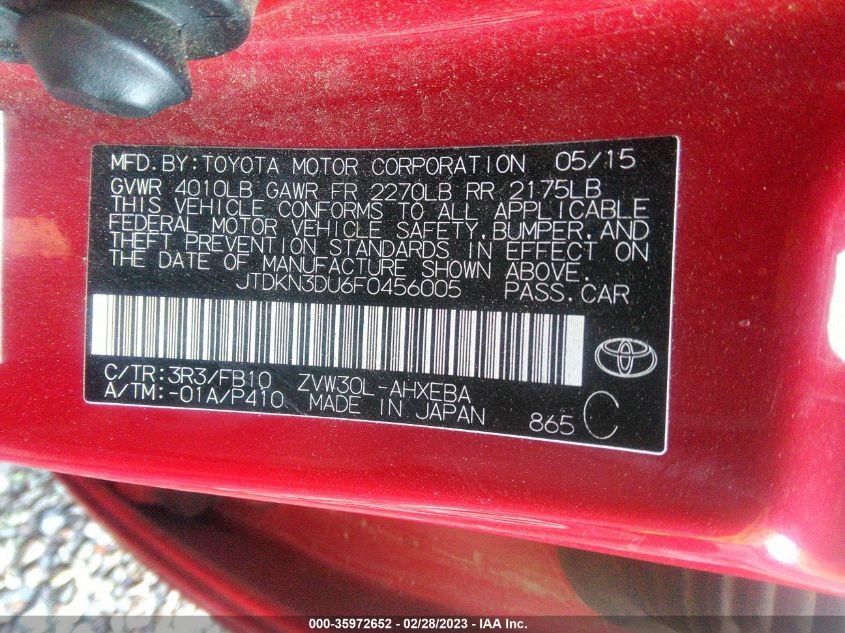 2015 TOYOTA PRIUS FOUR - JTDKN3DU6F0456005
