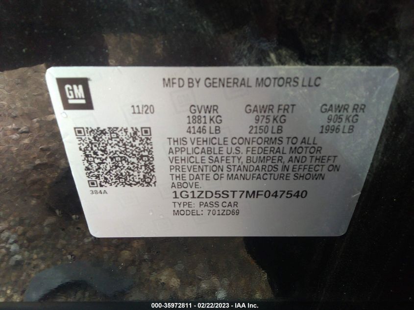 2021 CHEVROLET MALIBU LT - 1G1ZD5ST7MF047540