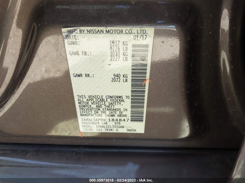 VIN 1N4AL3AP9HC184847 2017 NISSAN ALTIMA 2.5 SV