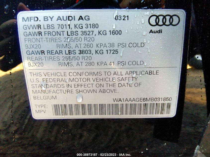 2021 AUDI E-TRON PREMIUM WA1AAAGE6MB031850