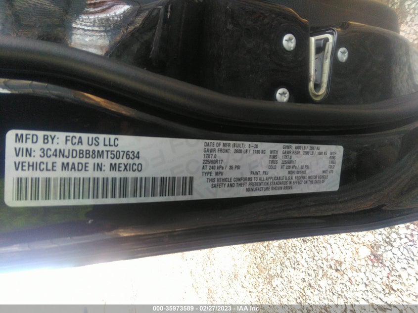 VIN 3C4NJDBB8MT507634 2021 JEEP COMPASS LATITUDE