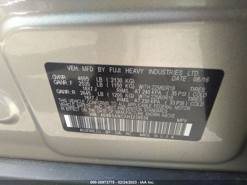 2017 SUBARU OUTBACK LIMITED - 4S4BSANCXH3238536