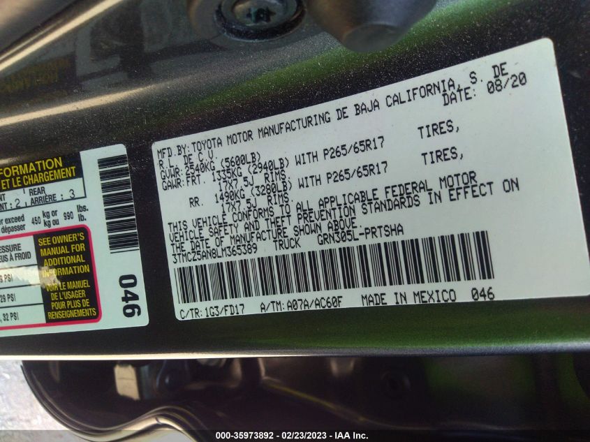 2020 TOYOTA TACOMA 4WD SR5/TRD SPORT - 3TMCZ5AN8LM365389