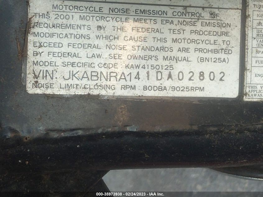 2001 KAWASAKI BN125 A JKABNRA141DA02802