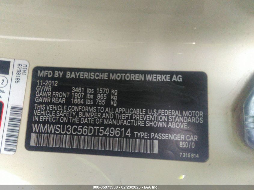 2013 MINI COOPER HARDTOP - WMWSU3C56DT549614
