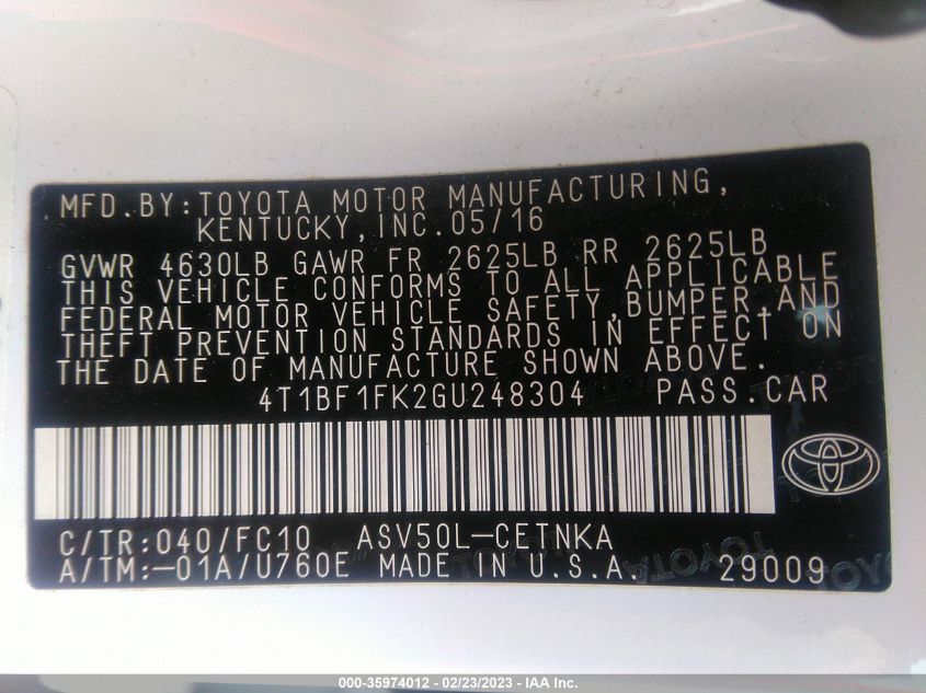 2016 TOYOTA CAMRY XLE/SE/LE/XSE - 4T1BF1FK2GU248304