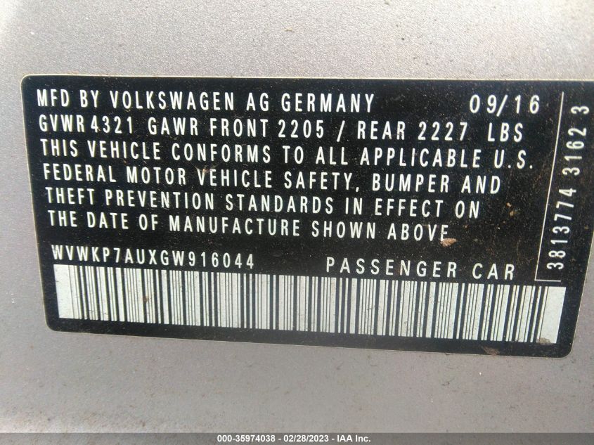 2016 VOLKSWAGEN E-GOLF SE WVWKP7AUXGW916044