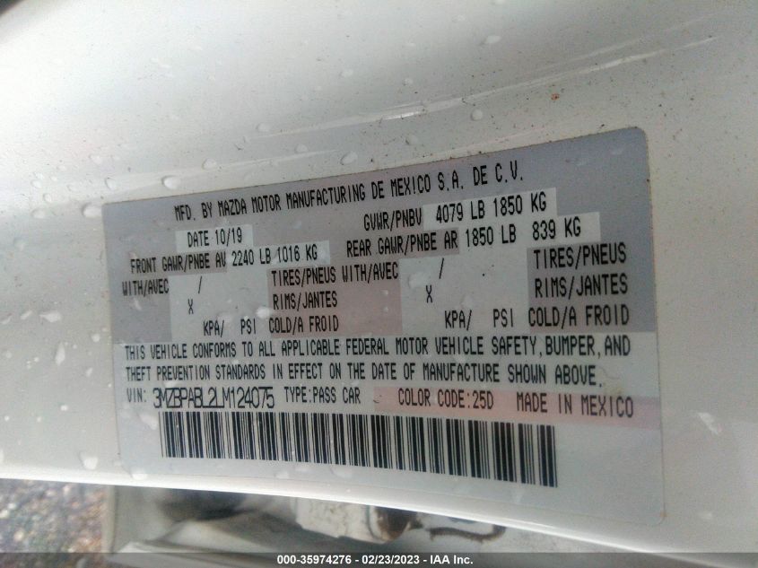 2020 MAZDA MAZDA3 SEDAN 3MZBPABL2LM124075