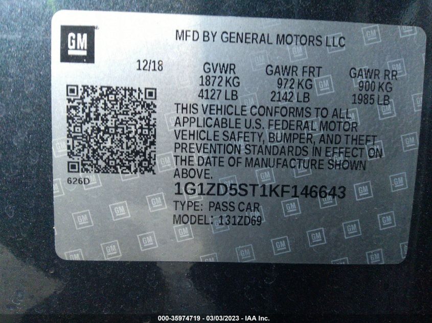 2019 CHEVROLET MALIBU LT - 1G1ZD5ST1KF146643
