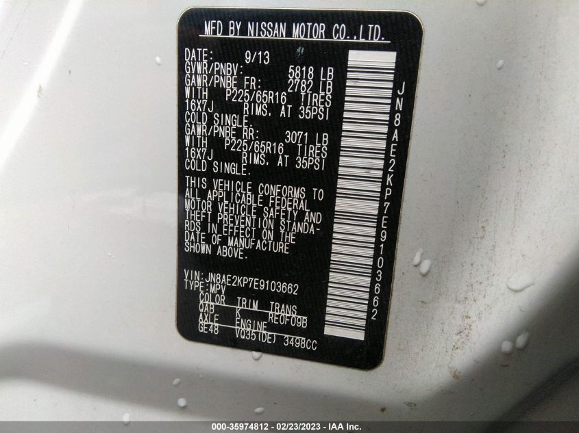 2014 NISSAN QUEST SV JN8AE2KP7E9103662