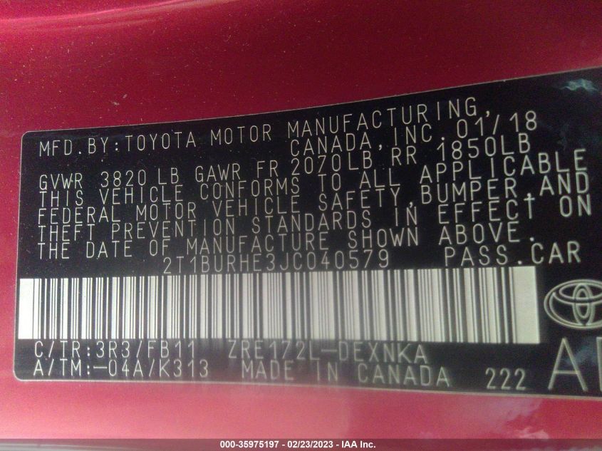 2018 TOYOTA COROLLA L/LE/XLE/SE/XSE - 2T1BURHE3JC040579