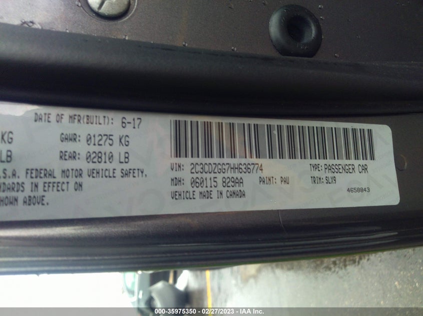 VIN 2C3CDZGG7HH636774 2017 DODGE CHALLENGER GT