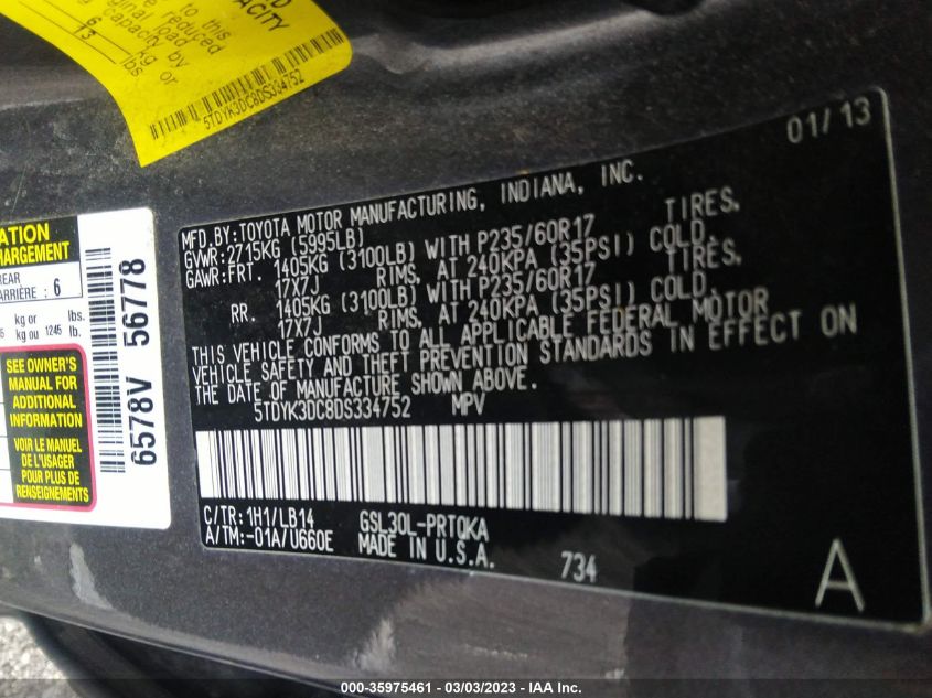 2013 TOYOTA SIENNA XLE AAS/XLE/LTD - 5TDYK3DC8DS334752