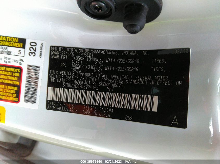 5TDDZ3DC2KS224142 2019 TOYOTA SIENNA, photo no. 9