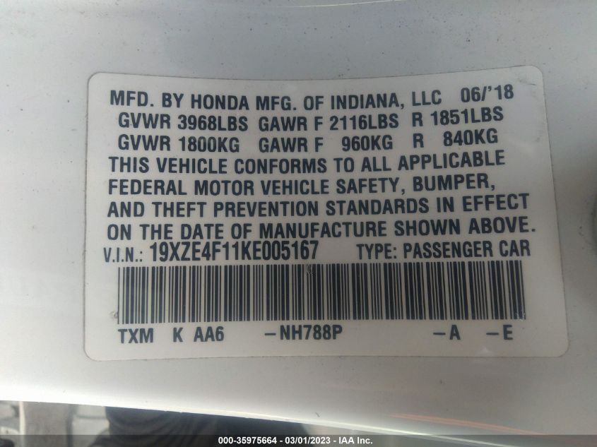 2019 HONDA INSIGHT LX 19XZE4F11KE005167
