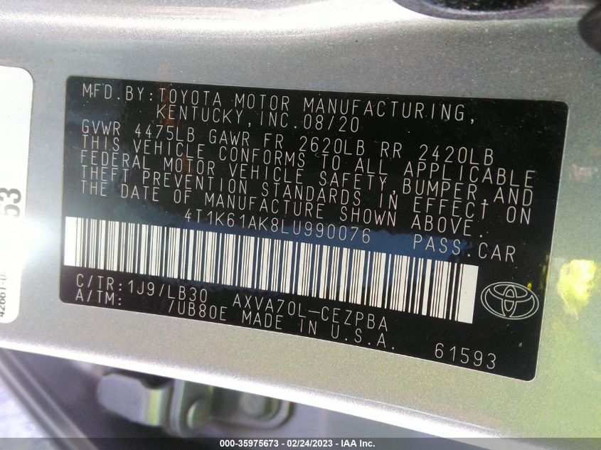 2020 TOYOTA CAMRY XSE - 4T1K61AK8LU990076