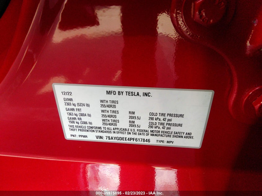 VIN 7SAYGDEE4PF617846 2023 TESLA MODEL Y LONG RANGE