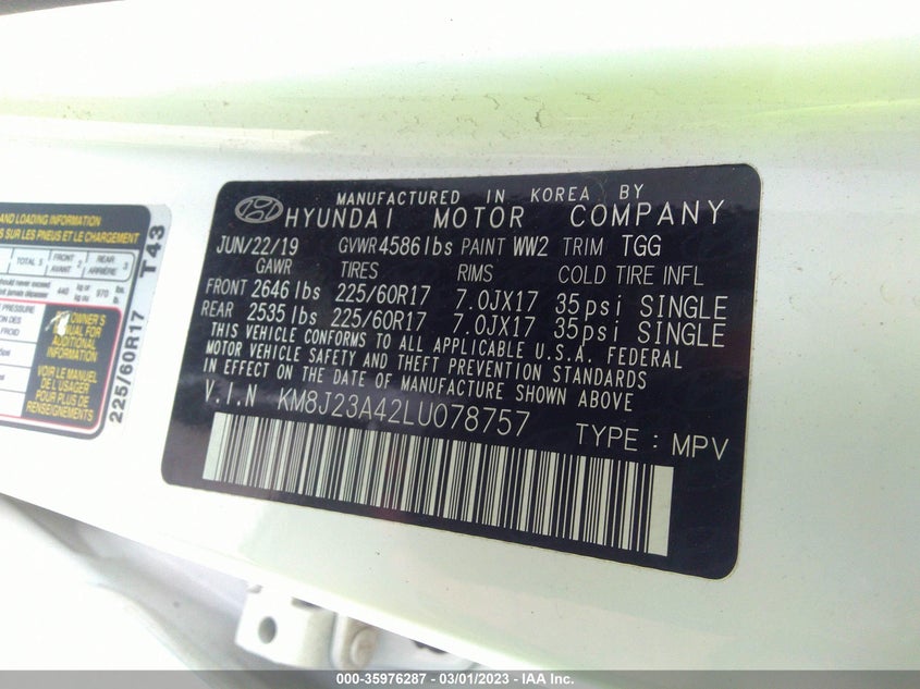 VIN KM8J23A42LU078757 2020 HYUNDAI TUCSON SE