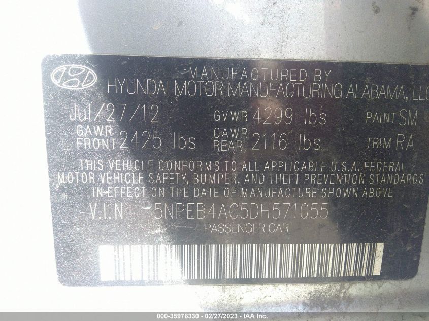 2013 HYUNDAI SONATA GLS PZEV - 5NPEB4AC5DH571055