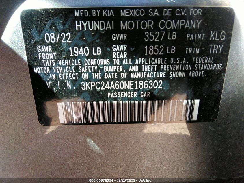2022 HYUNDAI ACCENT SE - 3KPC24A60NE186302