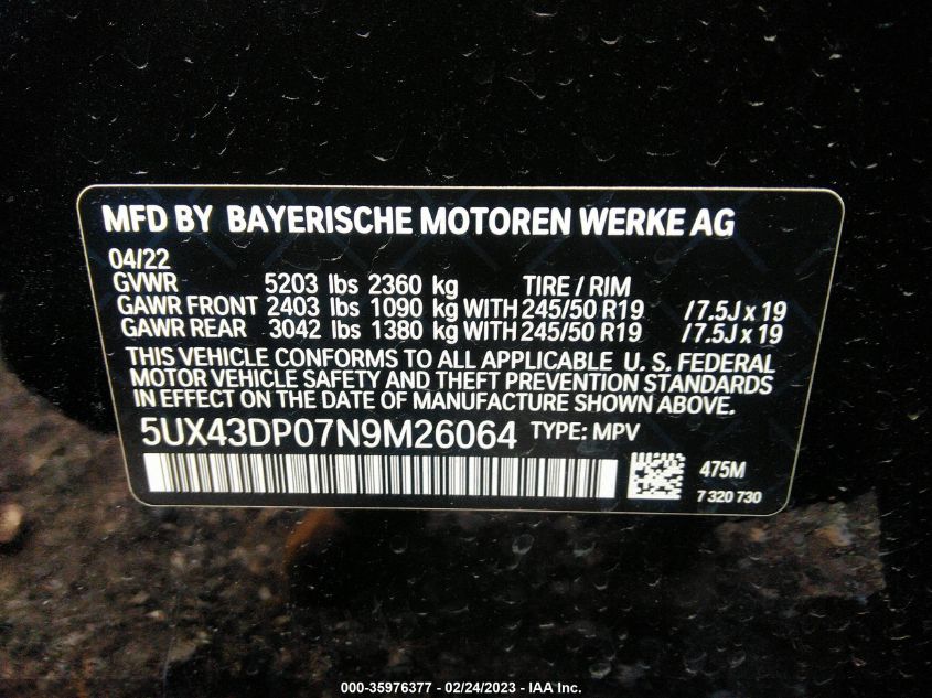2022 BMW X3 SDRIVE30I - 5UX43DP07N9M26064
