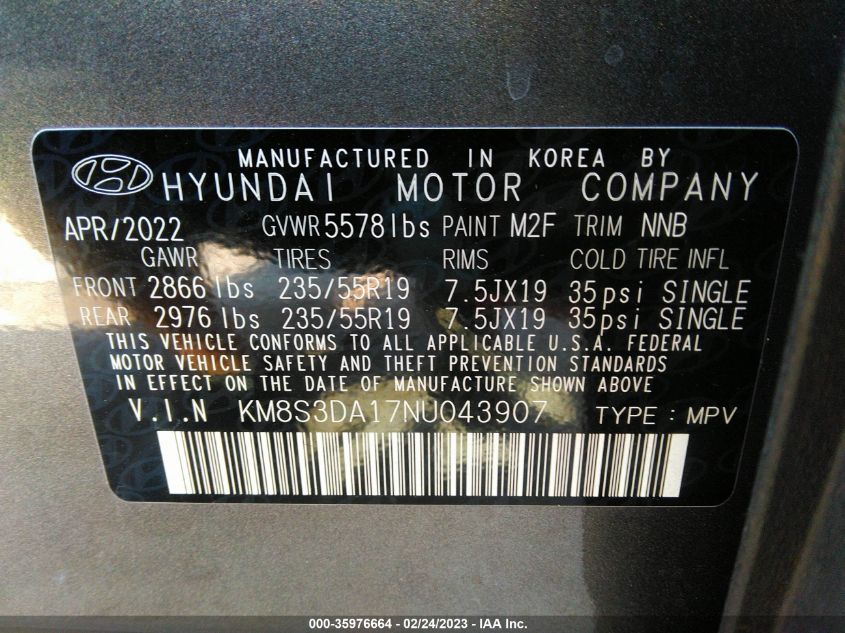 2022 HYUNDAI SANTA FE HYBRID SEL PREMIUM - KM8S3DA17NU043907