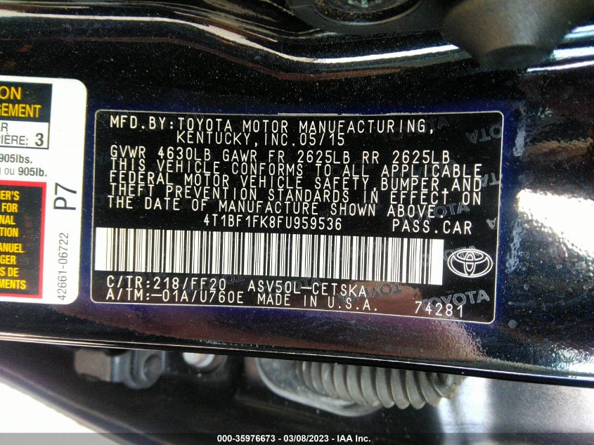 2015 TOYOTA CAMRY XLE/SE/LE/XSE - 4T1BF1FK8FU959536