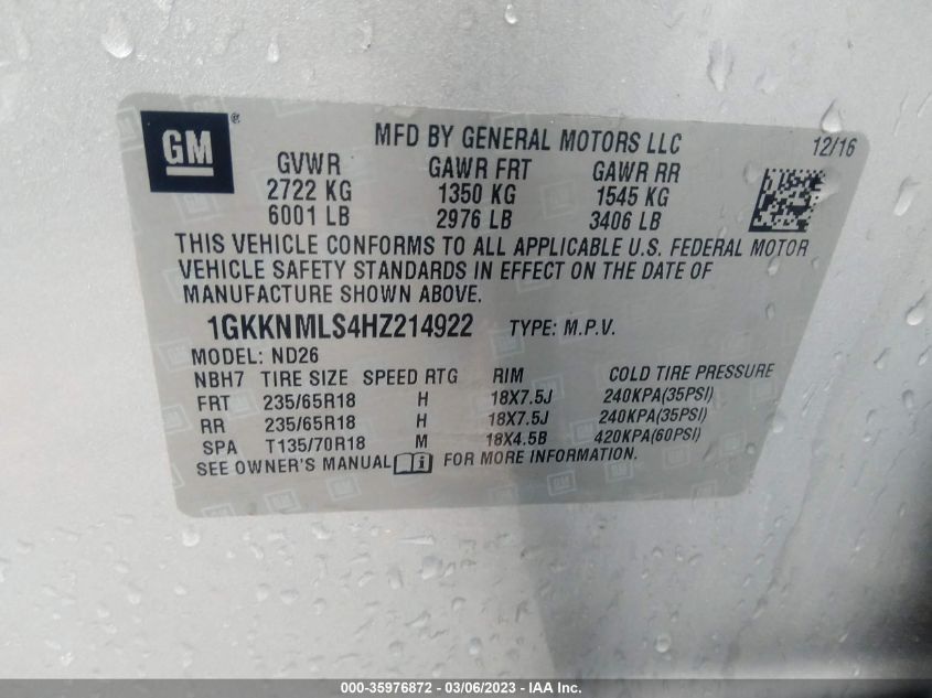 2017 GMC ACADIA SLT - 1GKKNMLS4HZ214922