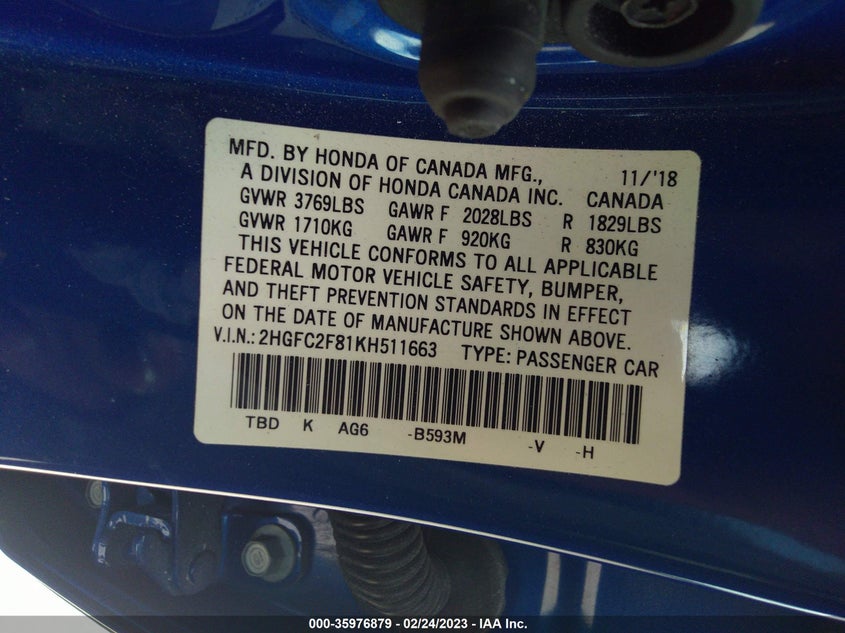 VIN 2HGFC2F81KH511663 2019 HONDA CIVIC SEDAN SPORT