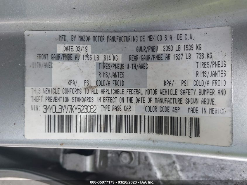 2019 TOYOTA YARIS SEDAN L/LE/XLE 3MYDLBYV7KY523062