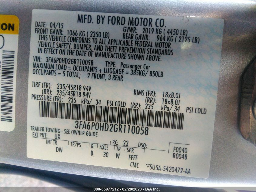 2016 FORD FUSION SE - 3FA6P0HD2GR110058