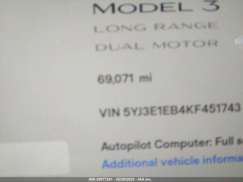 VIN 5YJ3E1EB4KF451743 2019 TESLA MODEL 3 LONG RANGE/PERFORMANCE