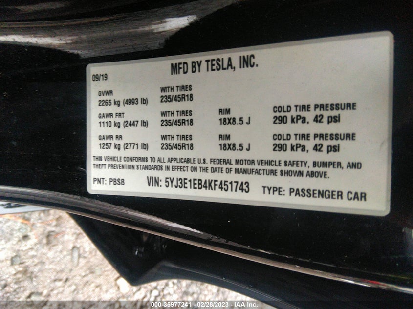 VIN 5YJ3E1EB4KF451743 2019 TESLA MODEL 3 LONG RANGE/PERFORMANCE