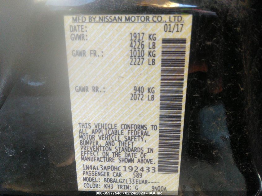2017 NISSAN ALTIMA 2.5 S - 1N4AL3AP0HC192433