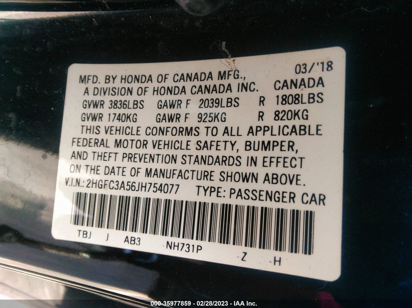 VIN 2HGFC3A56JH754077 2018 HONDA CIVIC SI COUPE