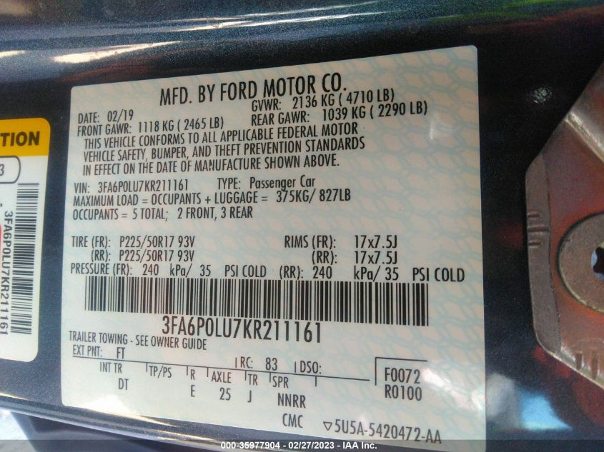 2019 FORD FUSION HYBRID SE - 3FA6P0LU7KR211161