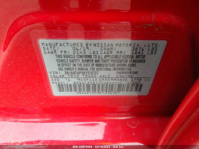 VIN 3N1AB7AP3KY376707 2019 NISSAN SENTRA SR