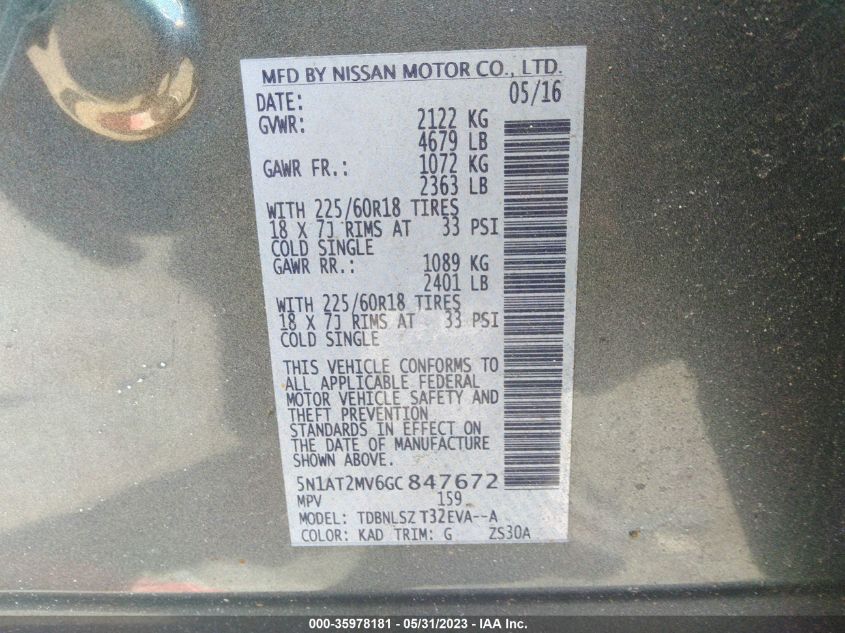 2016 NISSAN ROGUE SL - 5N1AT2MV6GC847672
