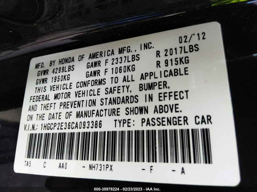 2012 HONDA ACCORD VIN: 1HGCP2E36CA093386