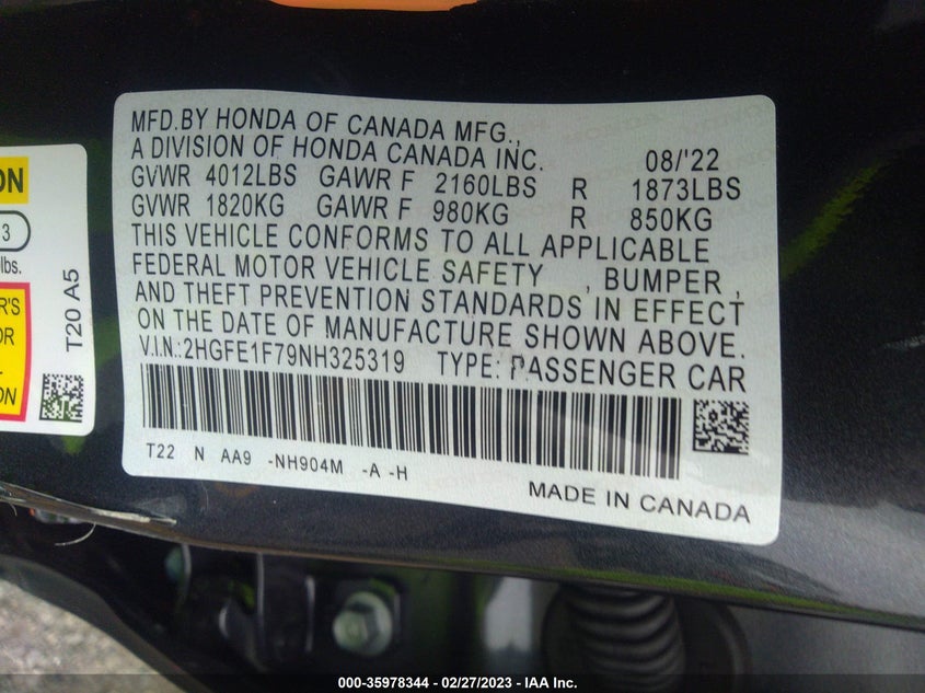 VIN 2HGFE1F79NH325319 2022 HONDA CIVIC SEDAN EX
