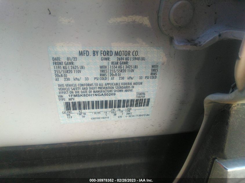 2022 FORD EXPLORER XLT - 1FMSK8DH1NGA50269