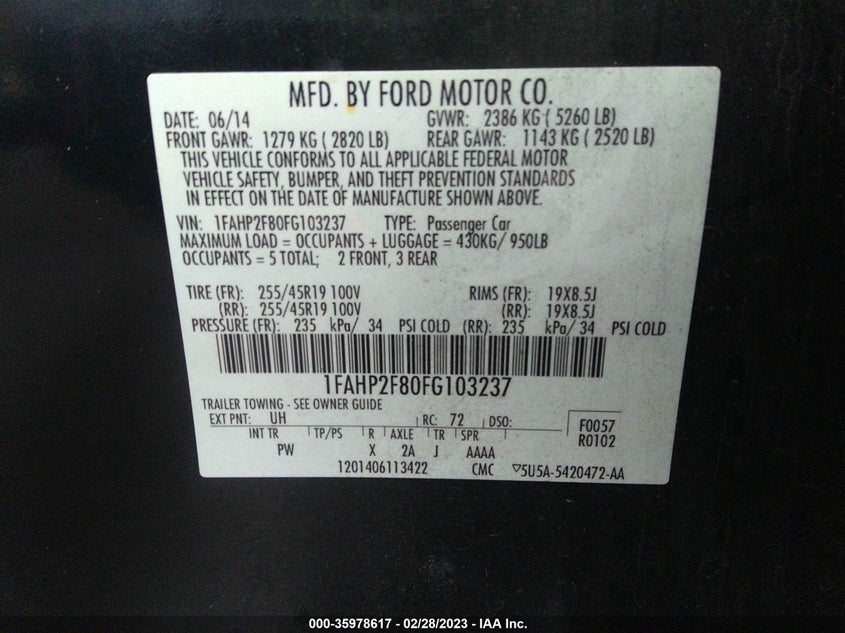 2015 FORD TAURUS VIN: 1FAHP2F80FG103237