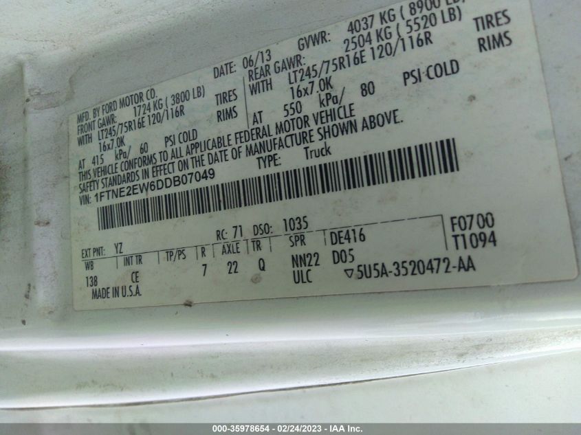 2013 FORD ECONOLINE CARGO VAN COMMERCIAL/RECREATIONAL 1FTNE2EW6DDB07049