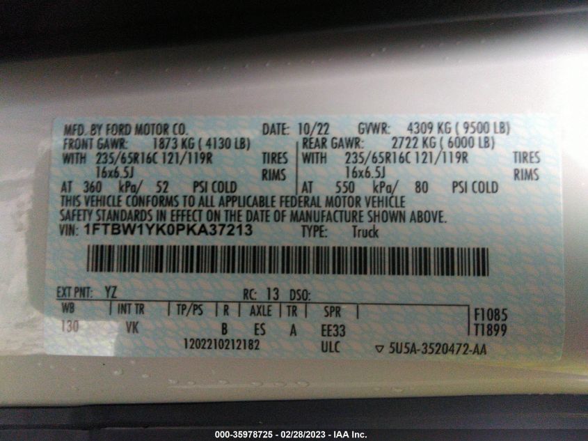 2023 FORD E-TRANSIT CARGO VAN 1FTBW1YK0PKA37213